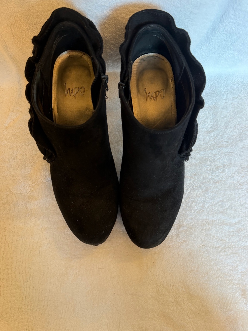 Impo Black Suede Ankle Booties with Ruffle Accent